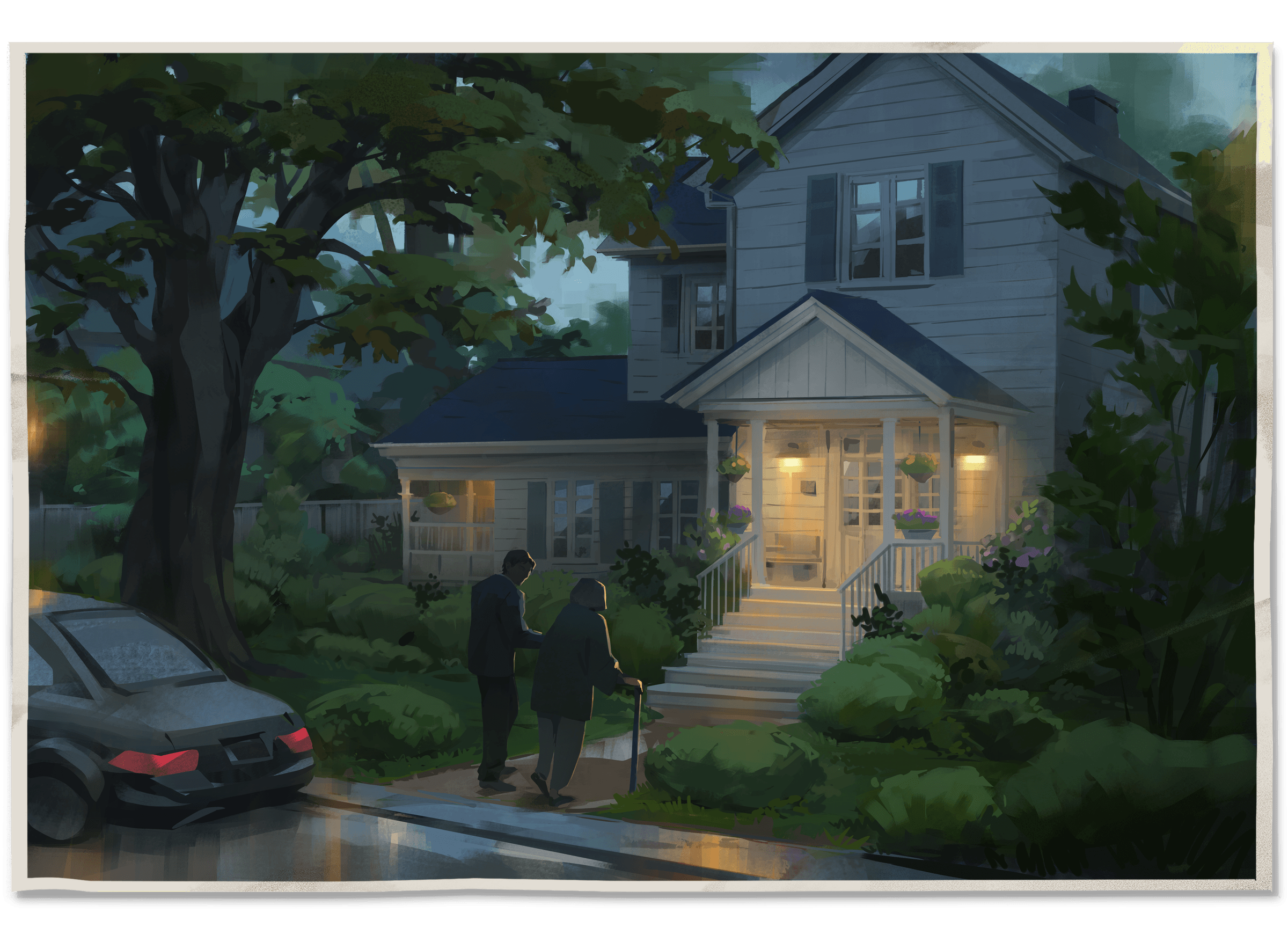 Two figures walk from a parked car toward a lit porch on a clapboard house at dusk