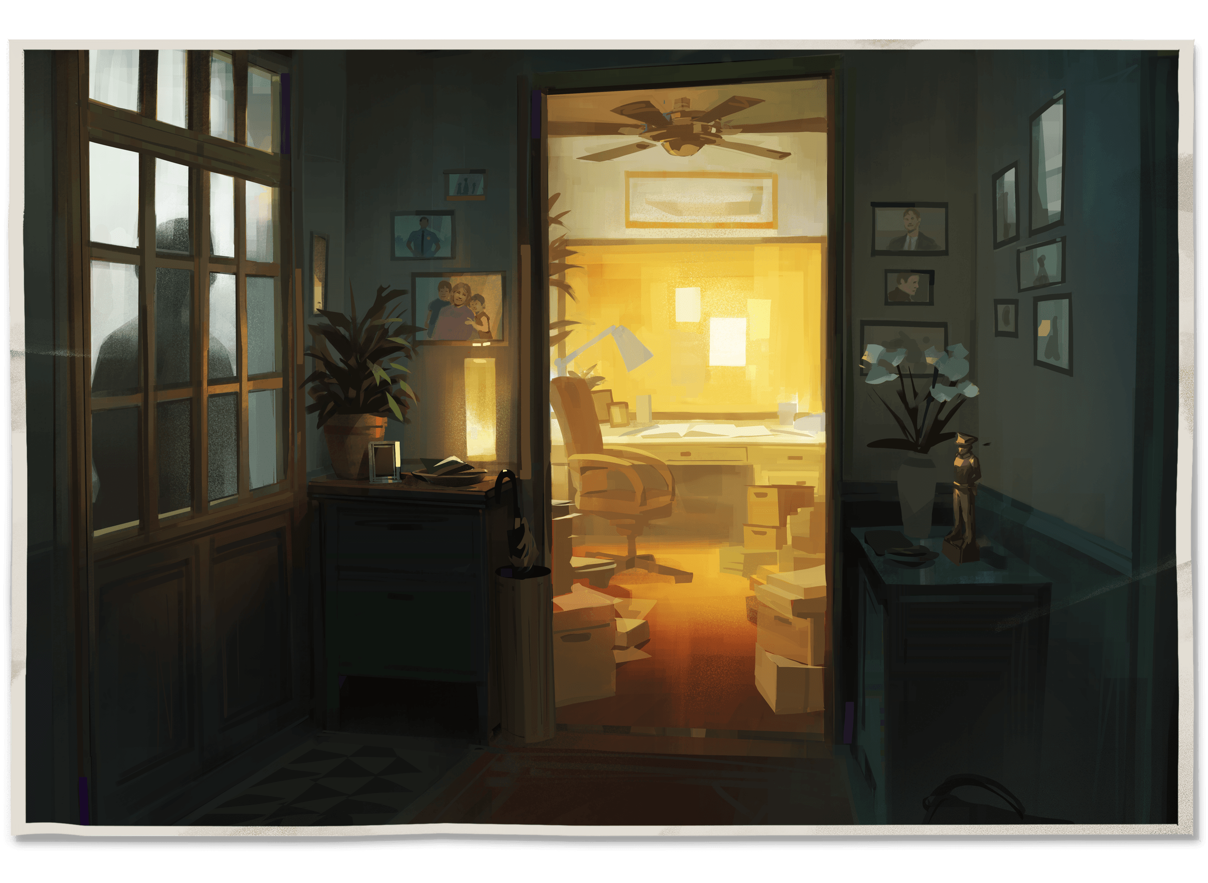 An open doorway into a warmly lit study, boxes of files on the floor