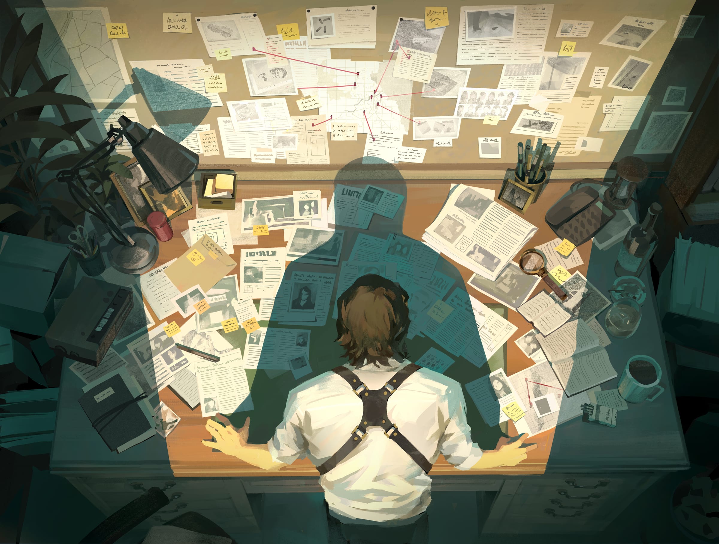 Declan reads a case file under a desk lamp while Naomi stands over him, a pinboard of notes behind them